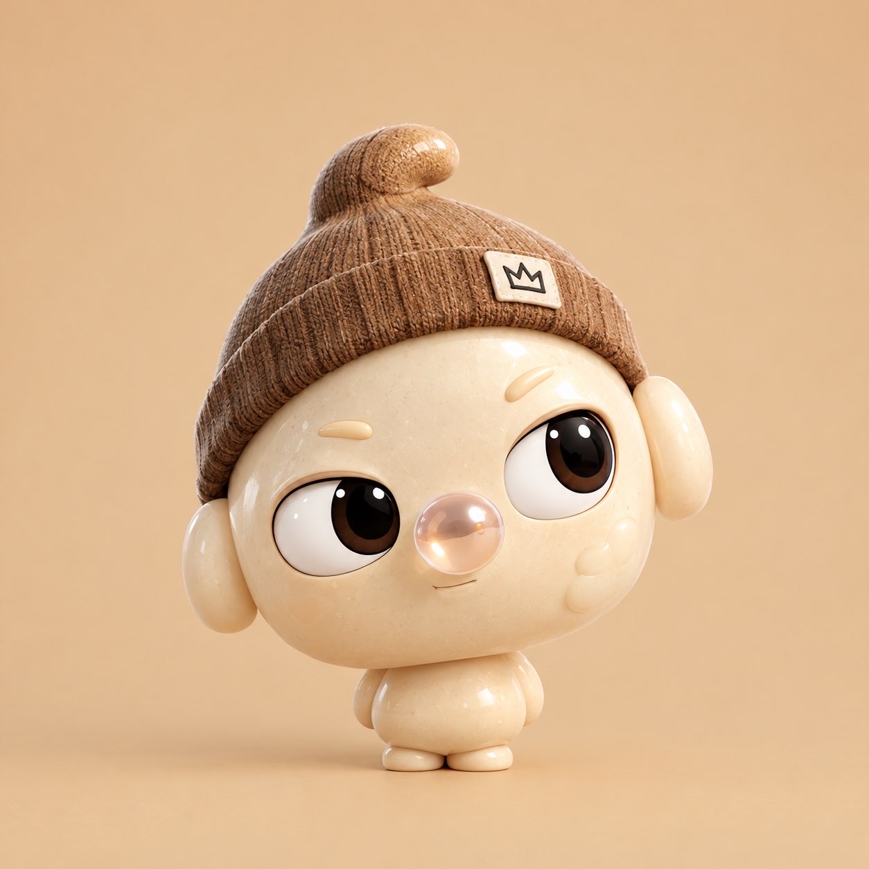 Cream PLOP wearing a brown knitted beanie with a crown patch, blowing a bubblegum bubble